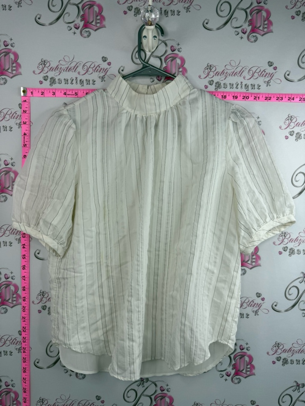 Ann Taylor blouse high neckline Cream Vertical-Stripe Puff Sleeve Blouse